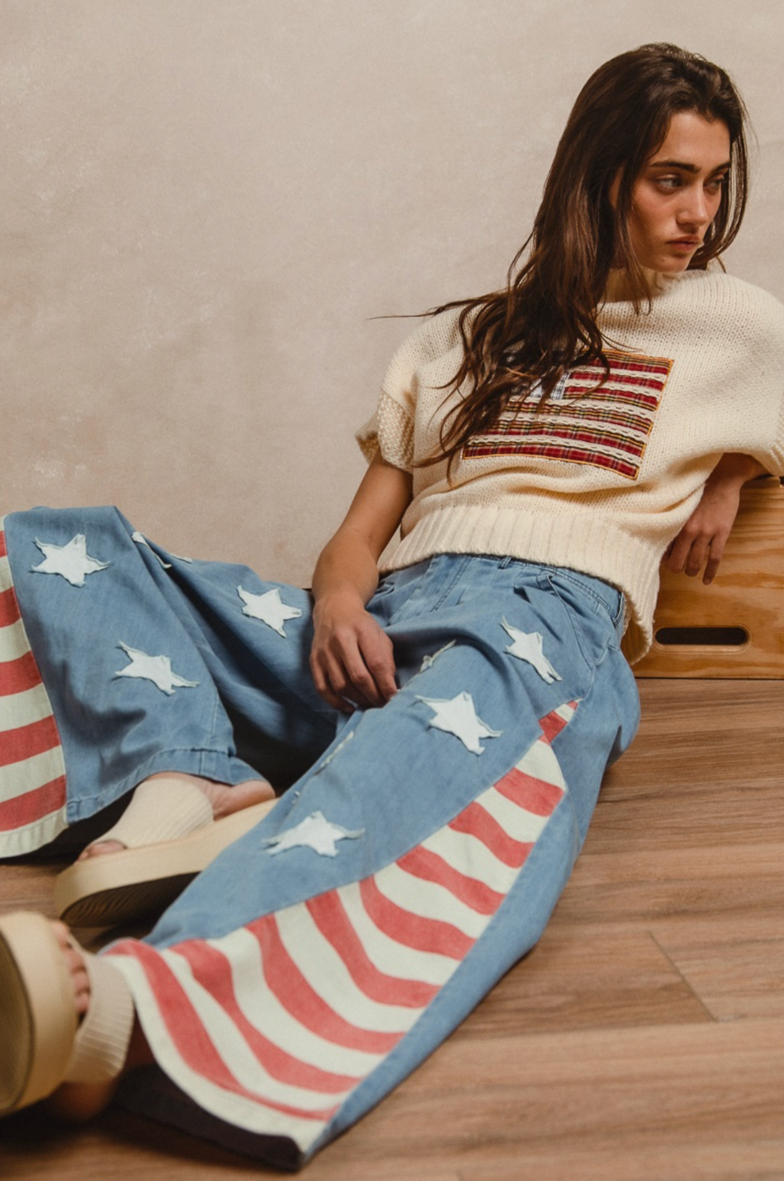 American Flag Vintage Washed Jeans w/Star Patches - Soft Denim