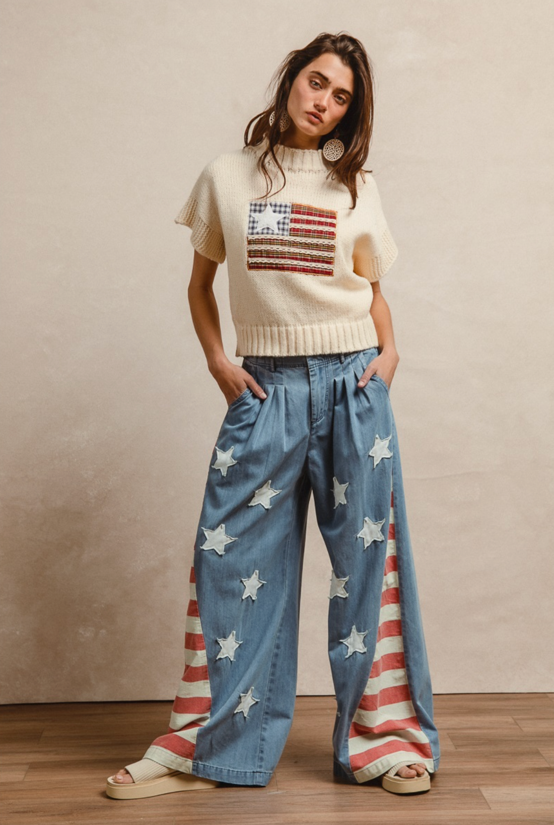 American Flag Vintage Washed Jeans w/Star Patches - Soft Denim