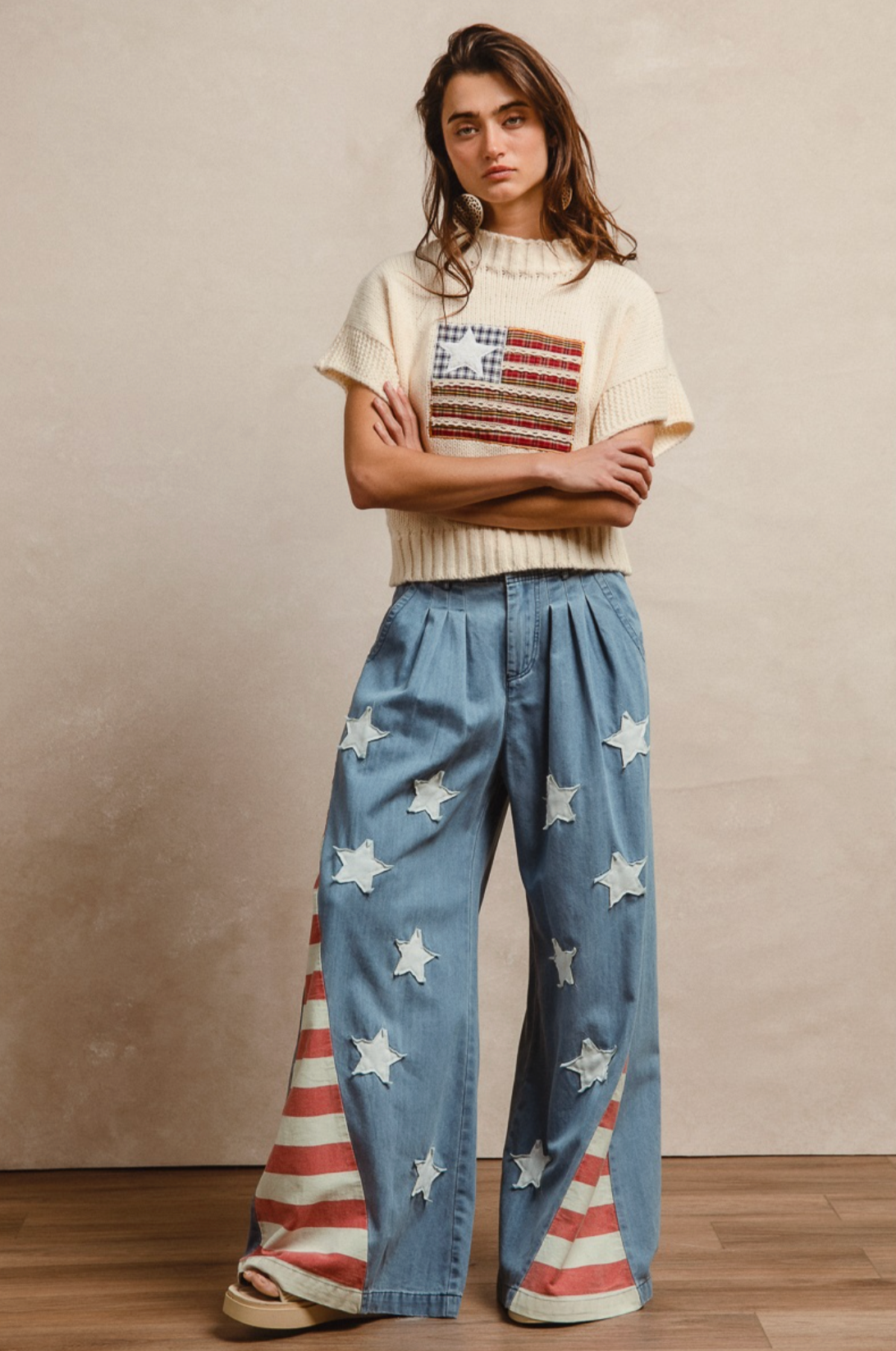 American Flag Vintage Washed Jeans w/Star Patches - Soft Denim