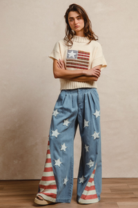 American Flag Vintage Washed Jeans w/Star Patches - Soft Denim