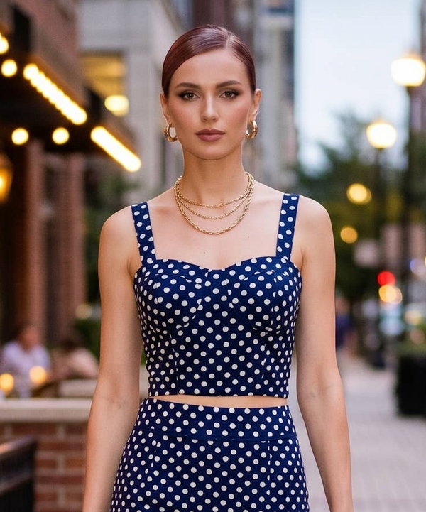 Polka Dot (100% Cotton) Square Neck Fitted Top - Navy