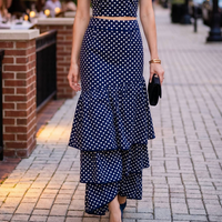 Polka Dot (100% Cotton) Cascading Tiered Maxi Skirt - Navy