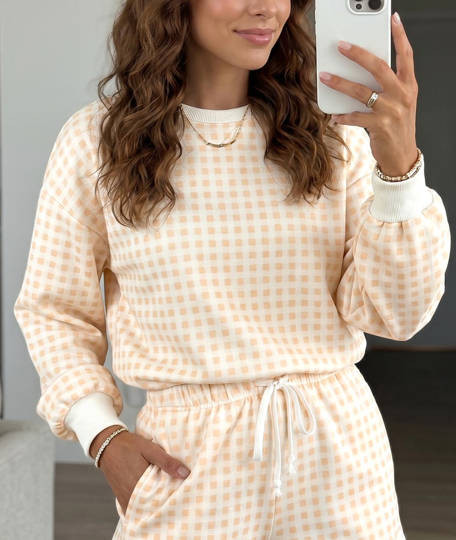 Gingham (Cream) Baggy Lightweight Sweatshirt (Matching Shorts Sold Separately)