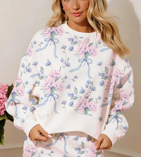 Floral & Bow Print Lightweight Long Sleeve Top