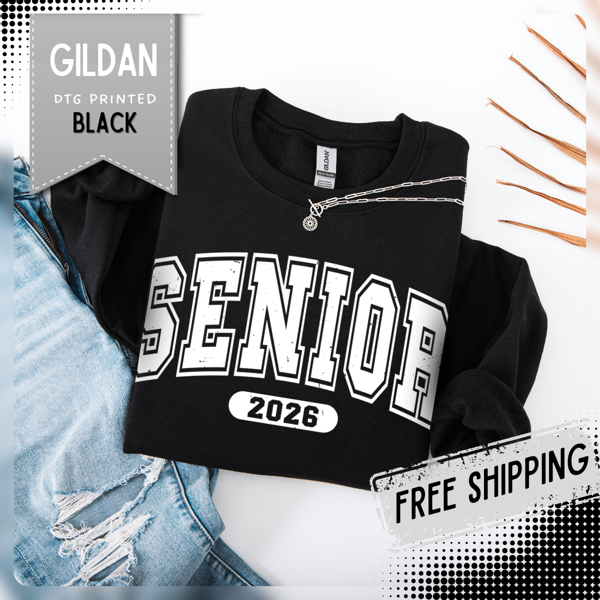 Senior 2026, Varsity – Gildan Heavy Blend | Trendy Women’s and Men's Soft Sweatshirt. Direct to Garment. Printed & Shipped in the USA. Unisex Sizes.