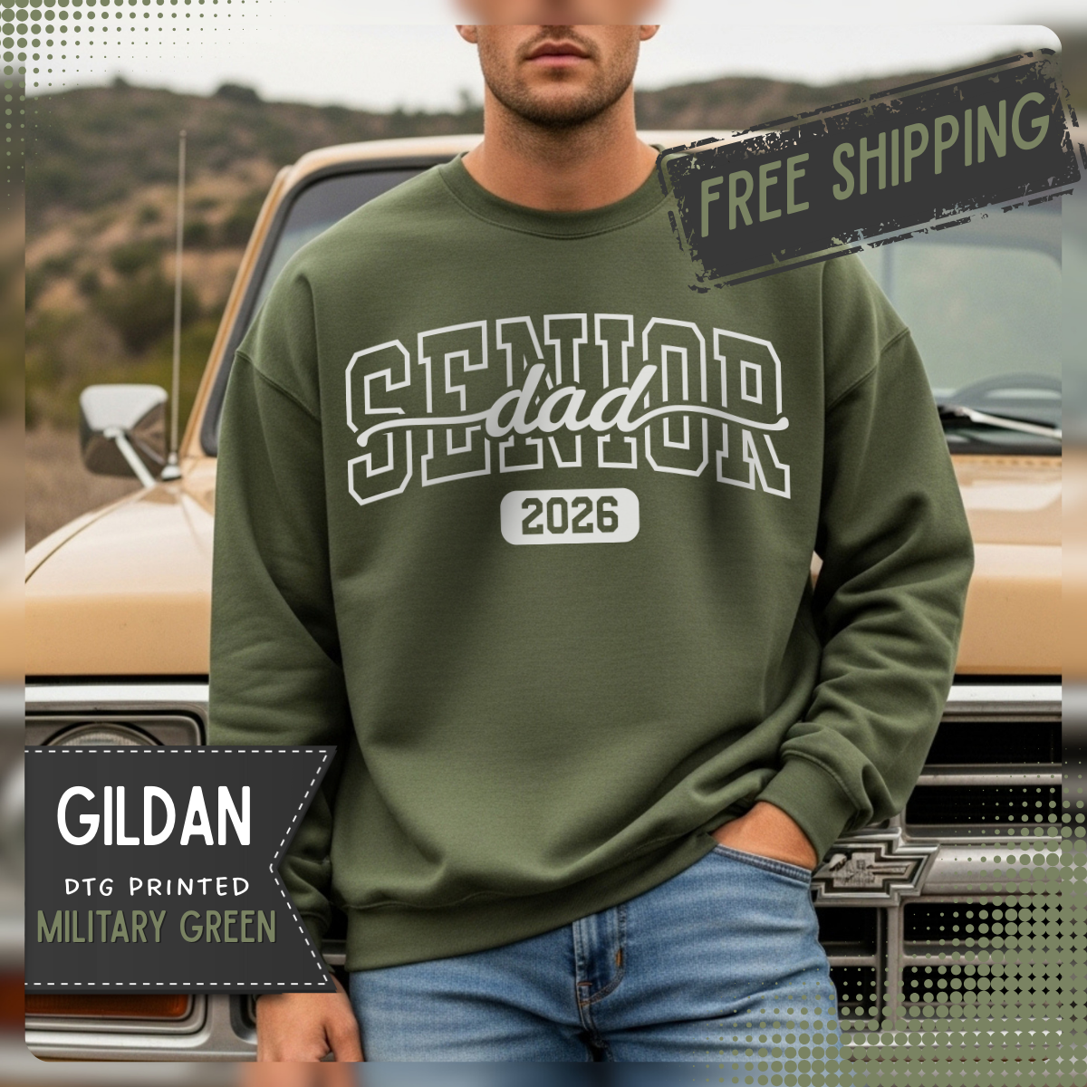 Senior Dad 2026 – Gildan Heavy Blend | Trendy Men's Soft Sweatshirt. Direct to Garment. Printed & Shipped in the USA. Unisex Sizes.