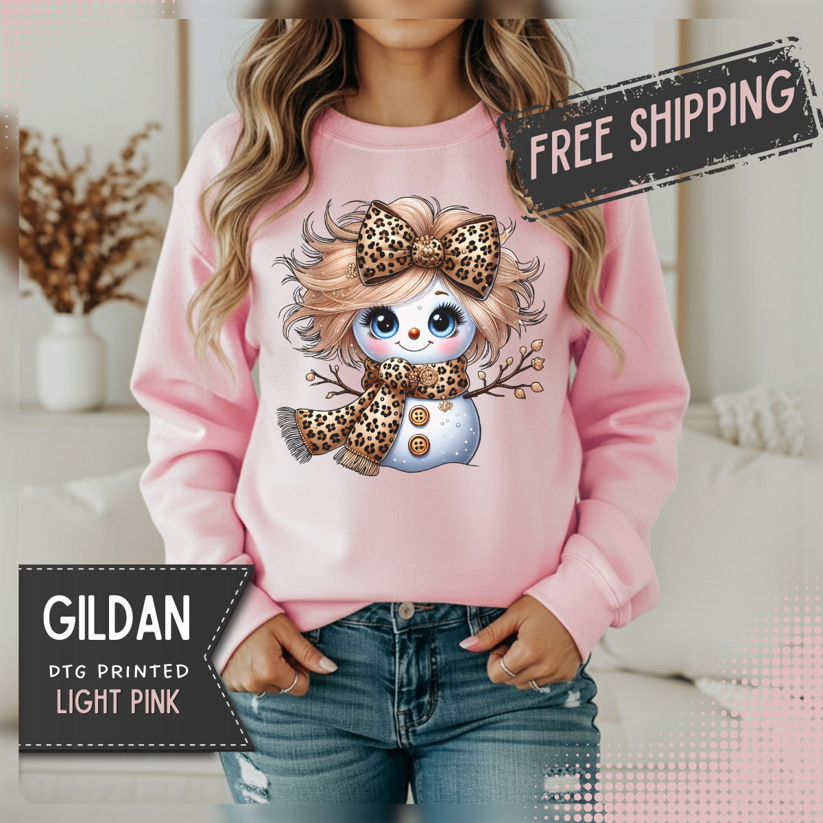 Snowgirl Cute Leopard Bow Snowman, Winter Cozy – Gildan Heavy Blend | Trendy Women’s Soft Sweatshirt. Direct to Garment. Printed & Shipped in the USA. Unisex Sizes.