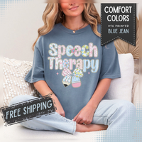 Speech Therapy - Pink Blue Coquette - Comfort Colors | Trendy Women's T-Shirt. Direct to Garment. Printed & Shipped in the USA. Unisex Sizes.