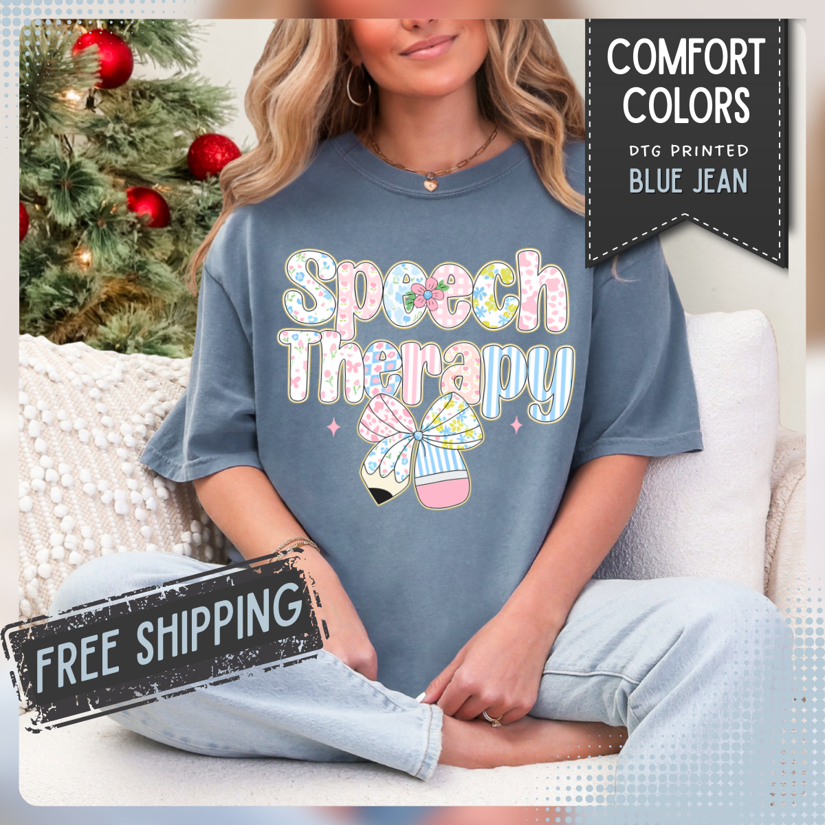 Speech Therapy - Pink Blue Coquette - Comfort Colors | Trendy Women's T-Shirt. Direct to Garment. Printed & Shipped in the USA. Unisex Sizes.