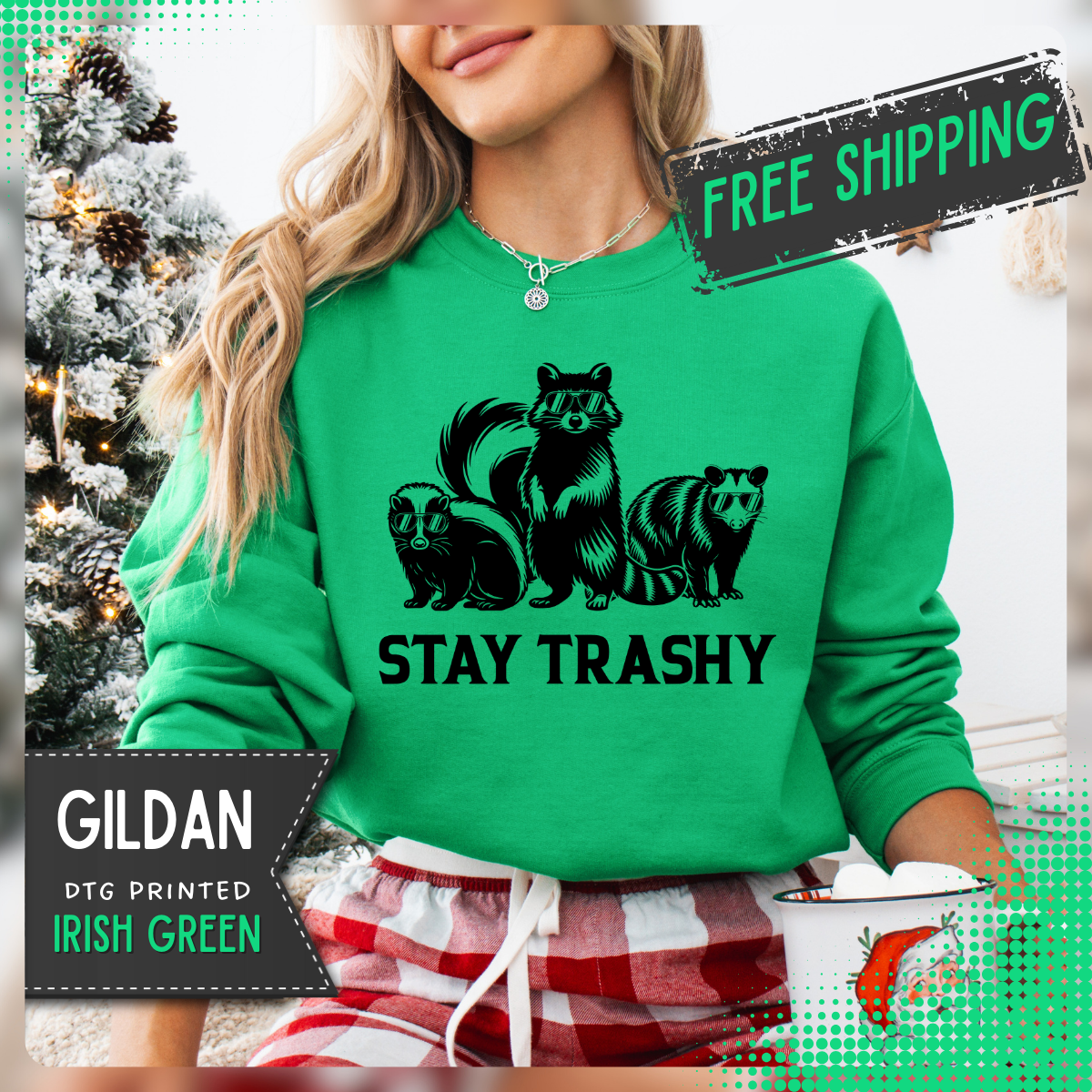 Stay Trashy, Skunk Raccoon Possum – Gildan Heavy Blend | Trendy Women’s and Men's Soft Sweatshirt. Direct to Garment. Printed & Shipped in the USA. Unisex Sizes.