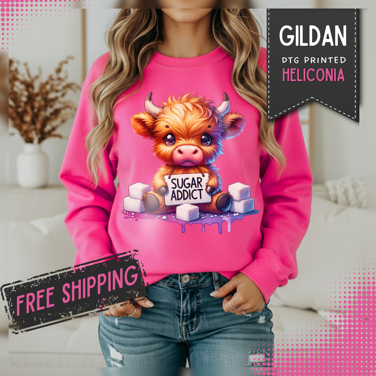 Sugar Addict Highland Cow – Gildan Heavy Blend | Trendy Women’s Soft Sweatshirt. Direct to Garment. Printed & Shipped in the USA. Unisex Sizes.