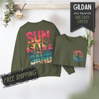 Sun Salt Sand, Beach Sunset - Front & Back Print – Gildan Heavy Blend | Trendy Women’s and Men's Soft Sweatshirt. Direct to Garment. Printed & Shipped in the USA. Unisex Sizes.