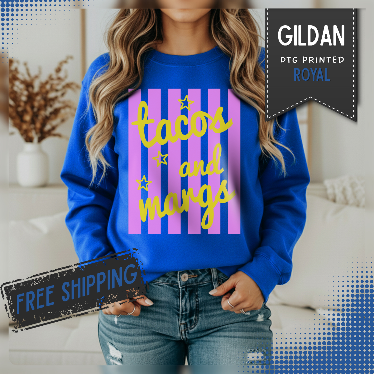 Tacos and Margs – Gildan Heavy Blend | Trendy Women’s Soft Sweatshirt. Direct to Garment. Printed & Shipped in the USA. Unisex Sizes.