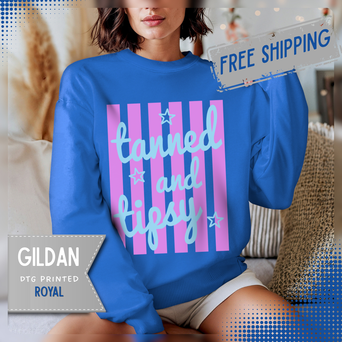 Tanned and Tipsy – Gildan Heavy Blend | Trendy Women’s Soft Sweatshirt. Direct to Garment. Printed & Shipped in the USA. Unisex Sizes.