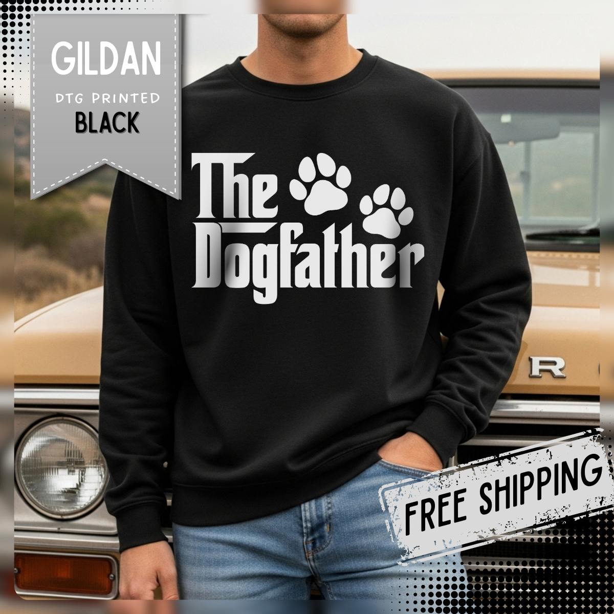 The DogFather – Gildan Heavy Blend | Trendy Men's Soft Sweatshirt. Direct to Garment. Printed & Shipped in the USA. Unisex Sizes.