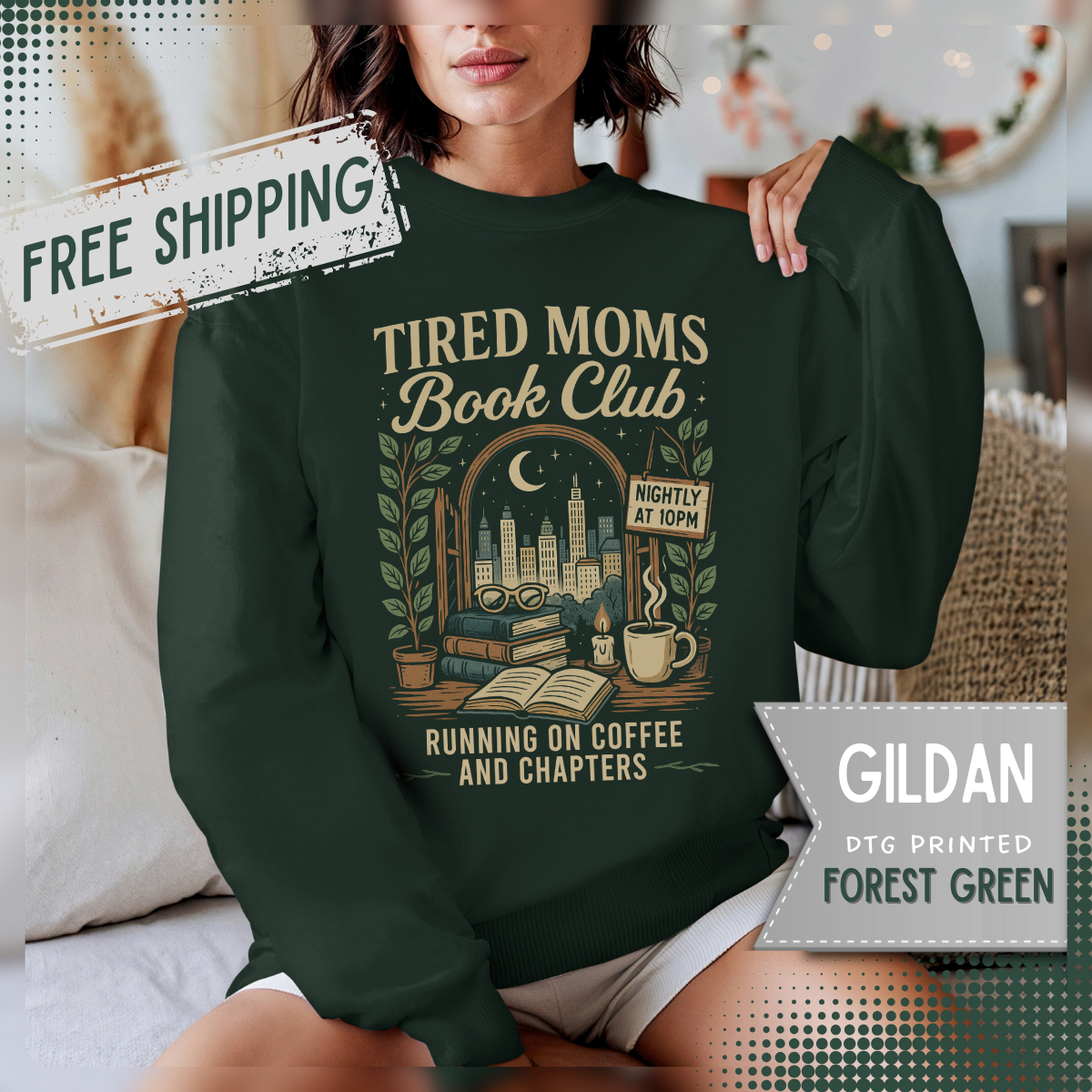 Tired Moms Book Club Running on Coffee and Chapters – Gildan Heavy Blend | Trendy Women’s Soft Sweatshirt. Direct to Garment. Printed & Shipped in the USA. Unisex Sizes.