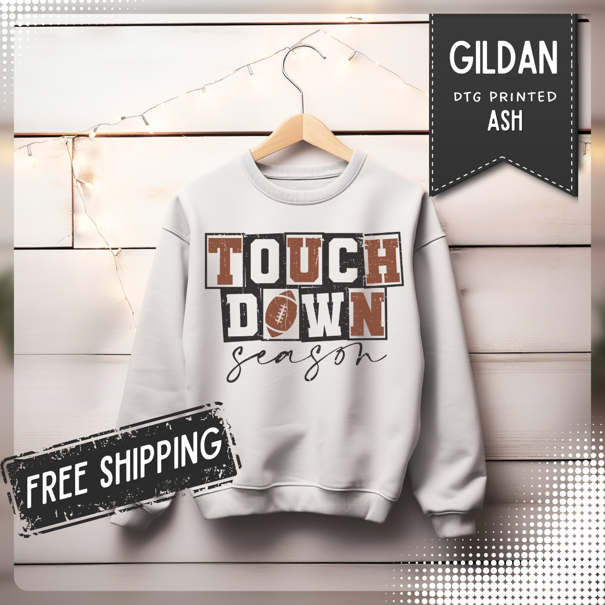 Touchdown Season - Distressed – Gildan Heavy Blend | Trendy Men's and Women’s Soft Sweatshirt. Direct to Garment. Printed & Shipped in the USA. Unisex Sizes.