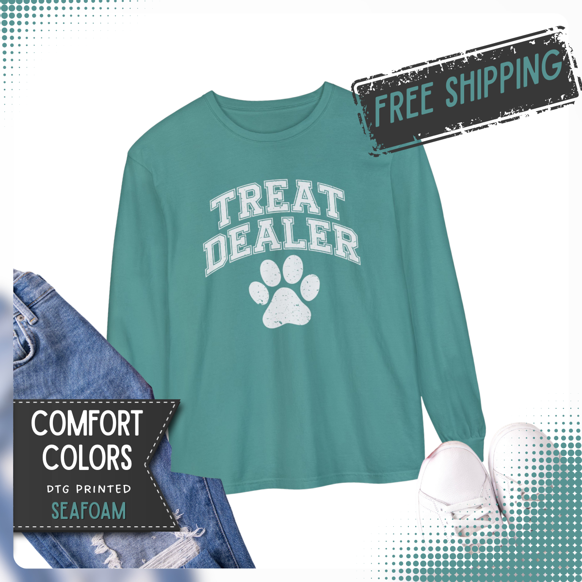 Treat Dealer, Dog Lover - Comfort Colors | Trendy Women's and Men's Long Sleeve T-Shirt. Direct to Garment. Printed & Shipped in the USA. Unisex Sizes.