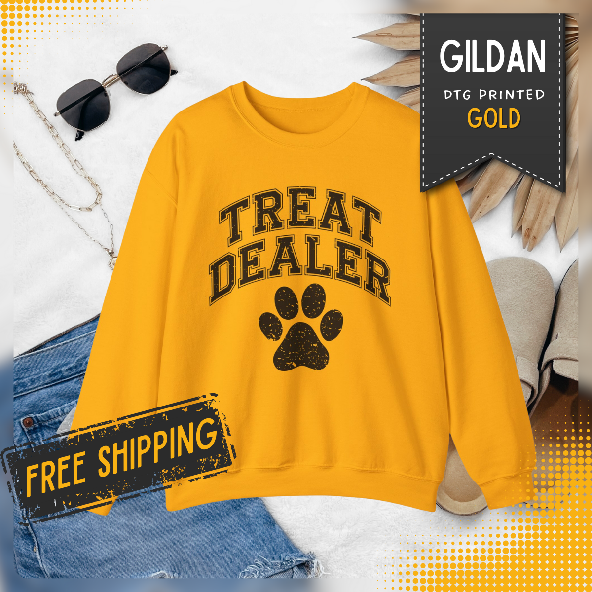 Treat Dealer, Dog Lover – Gildan Heavy Blend | Trendy Men's and Women’s Soft Sweatshirt. Direct to Garment. Printed & Shipped in the USA. Unisex Sizes.