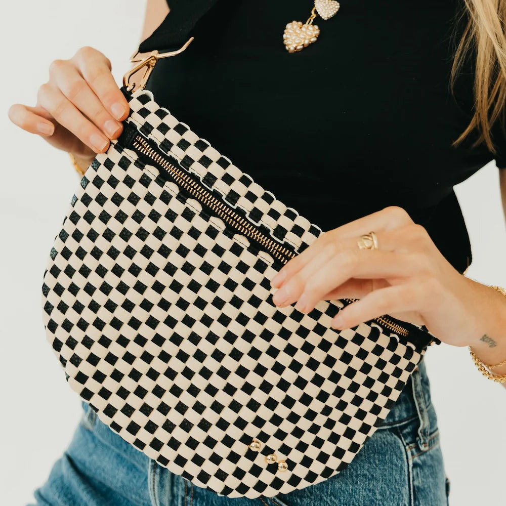 Westlyn (Black and Beige) Woven Checkered Bum Bag