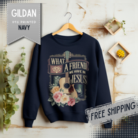 What a Friend We Have in Jesus, Guitar Vintage – Gildan Heavy Blend | Trendy Women’s Soft Sweatshirt. Direct to Garment. Printed & Shipped in the USA. Unisex Sizes.