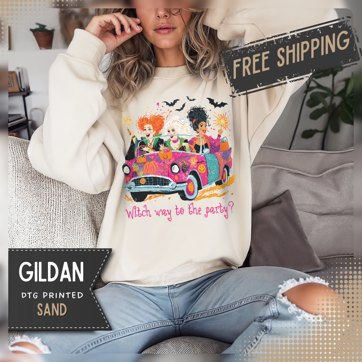 Witch Way to the Party? – Gildan Heavy Blend | Trendy Women’s Soft Sweatshirt. Direct to Garment. Printed & Shipped in the USA. Unisex Sizes.