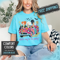 Witch Way to the Party? - Comfort Colors | Trendy Women's T-Shirt. Direct to Garment. Printed & Shipped in the USA. Unisex Sizes.