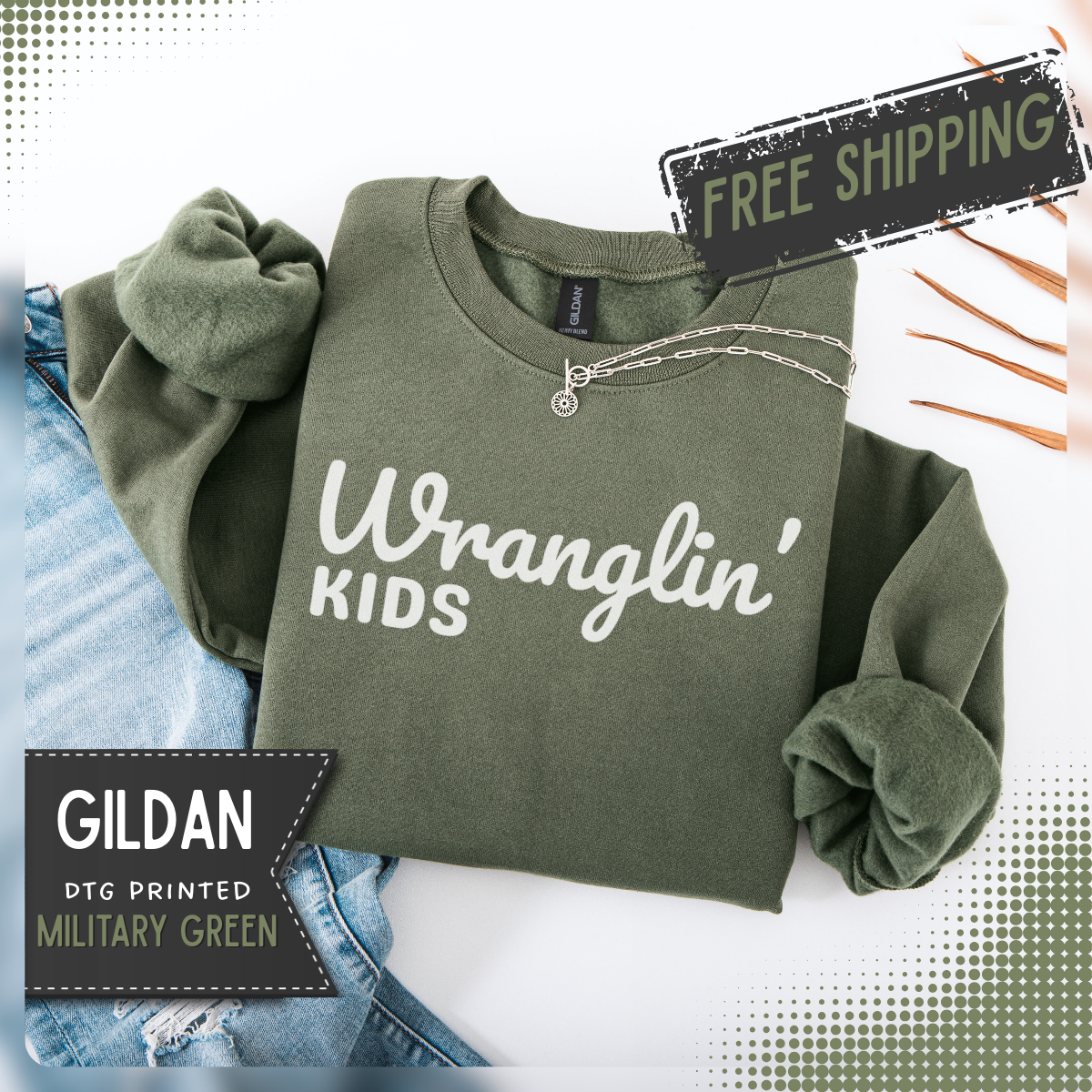 Wranglin' Kids Funny Mom Dad – Gildan Heavy Blend | Trendy Women’s and Men's Soft Sweatshirt. Direct to Garment. Printed & Shipped in the USA. Unisex Sizes.