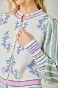 Floral Sweater Bomber Jacket w/Puff Sleeves