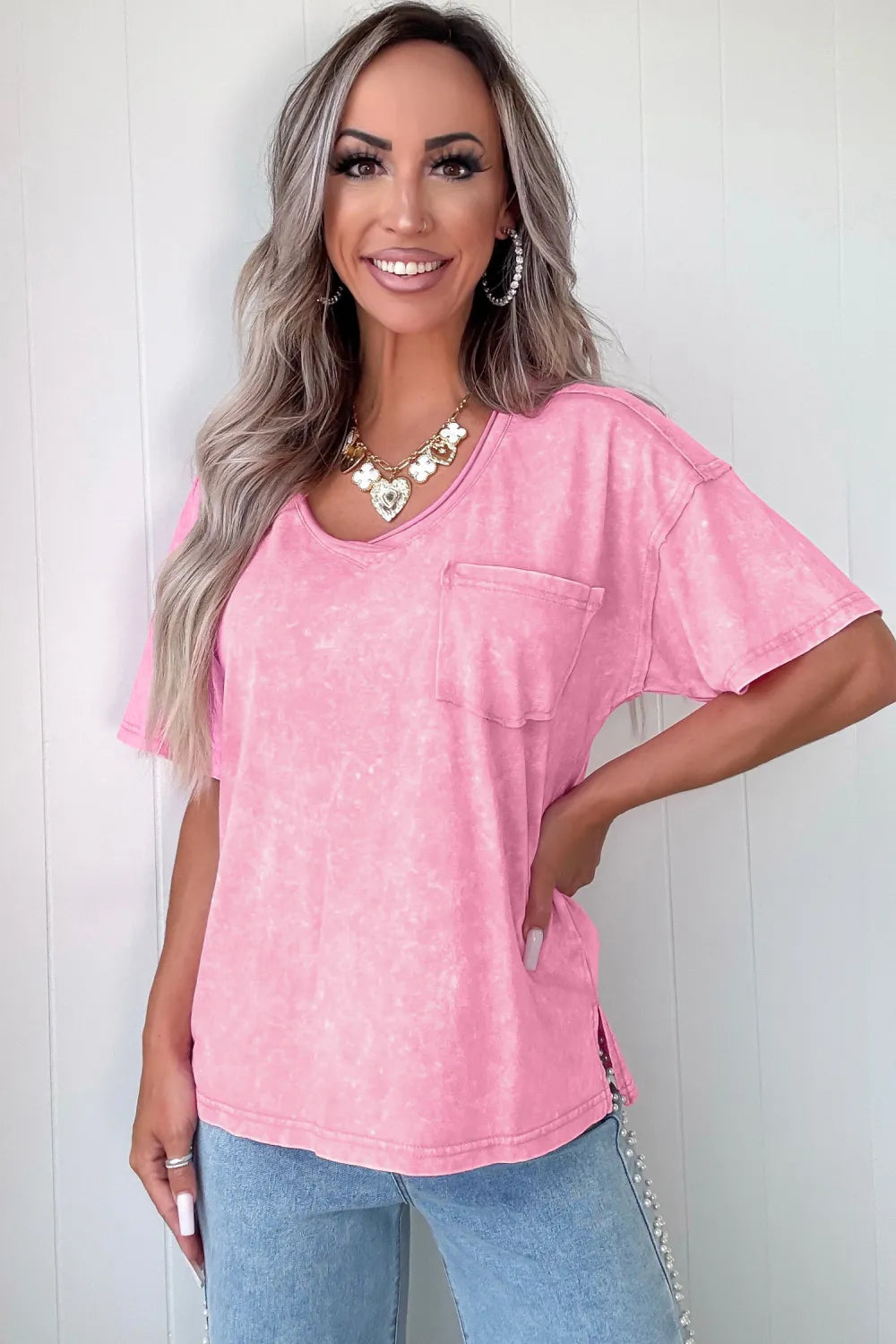Bubblegum Pink Mineral Wash Top with Pocket