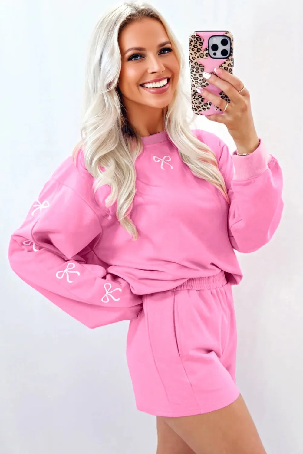 Pink, Bow Embroidered 2pc Sweatshirt & Shorts Loungewear Set with Pockets
