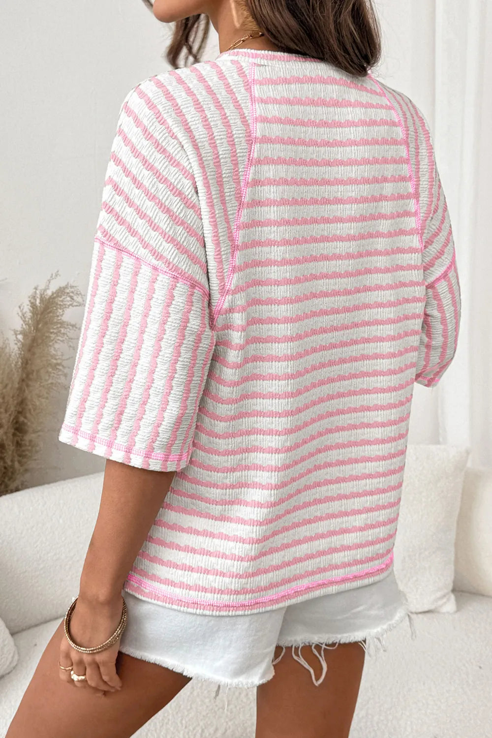 Pink Striped Half Sleeve, Classy Fit Knit Top