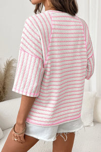 Pink Striped Half Sleeve, Classy Fit Knit Top