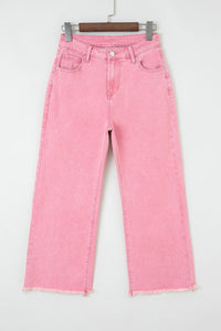 Dolly Pink Acid-Washed Cropped Wide Leg Jeans