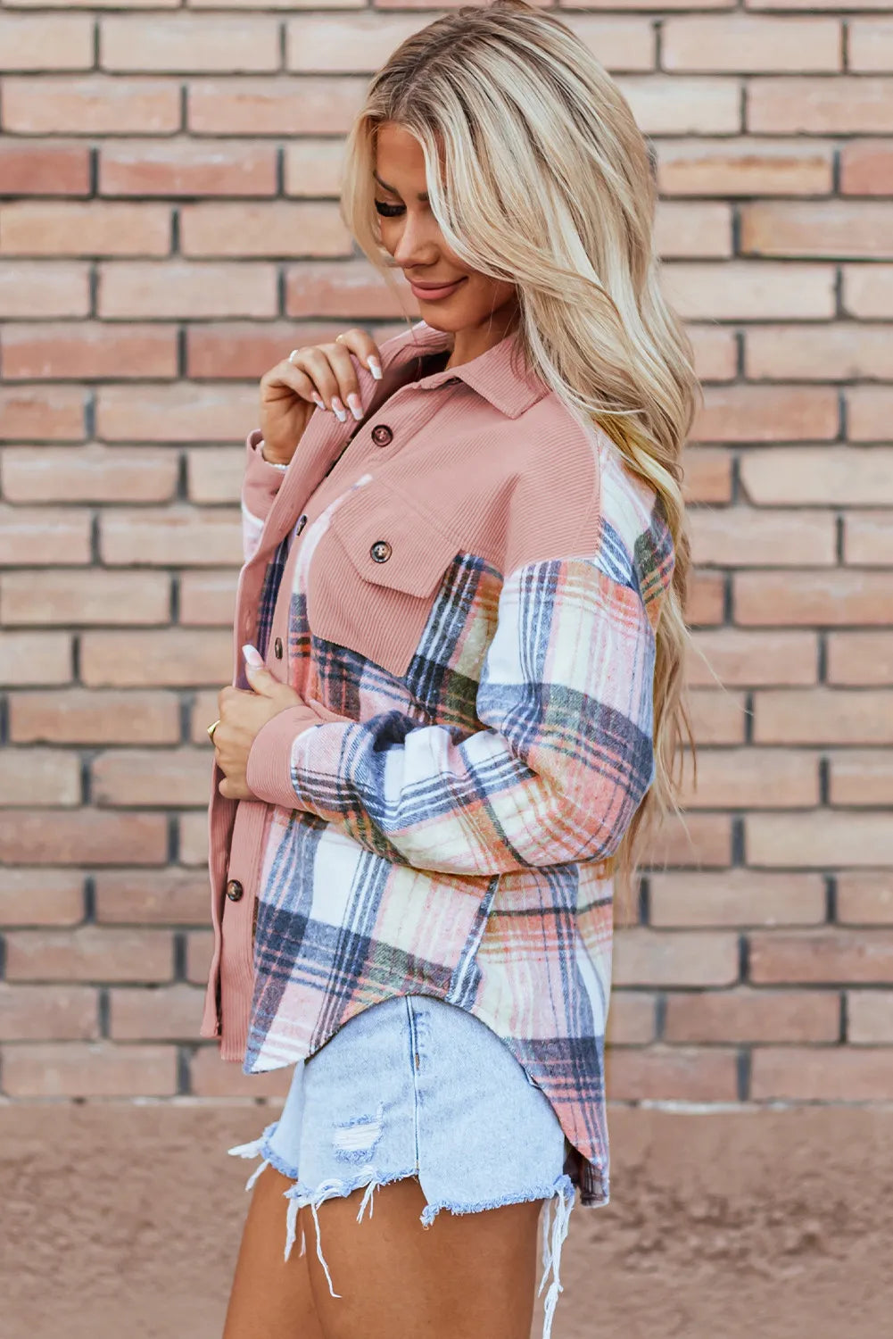 Light Pink Corduroy and Soft Plaid Shacket with Pockets