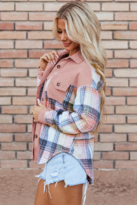 Light Pink Corduroy and Soft Plaid Shacket with Pockets