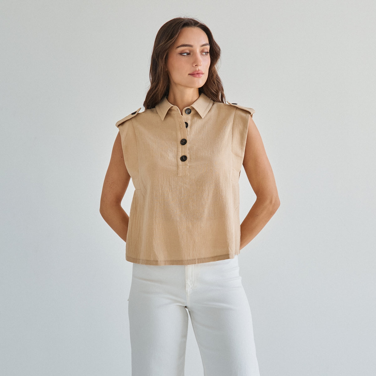 Sleeveless Button 100% Cotton Beige Top w/Extra Side Bra Coverage