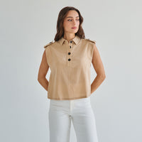 Sleeveless Button 100% Cotton Beige Top w/Extra Side Bra Coverage