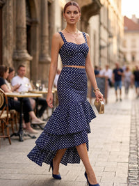 Polka Dot (100% Cotton) Cascading Tiered Maxi Skirt - Navy
