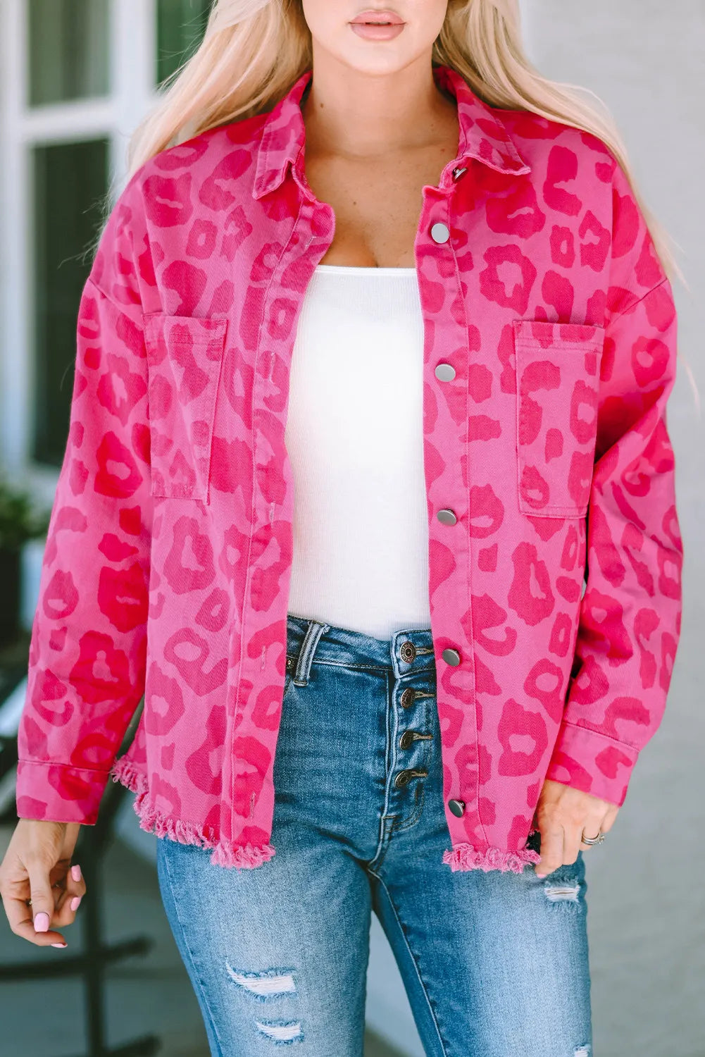 Vibrant Pink Leopard Print Lightweight Jean Jacket with Raw Hem