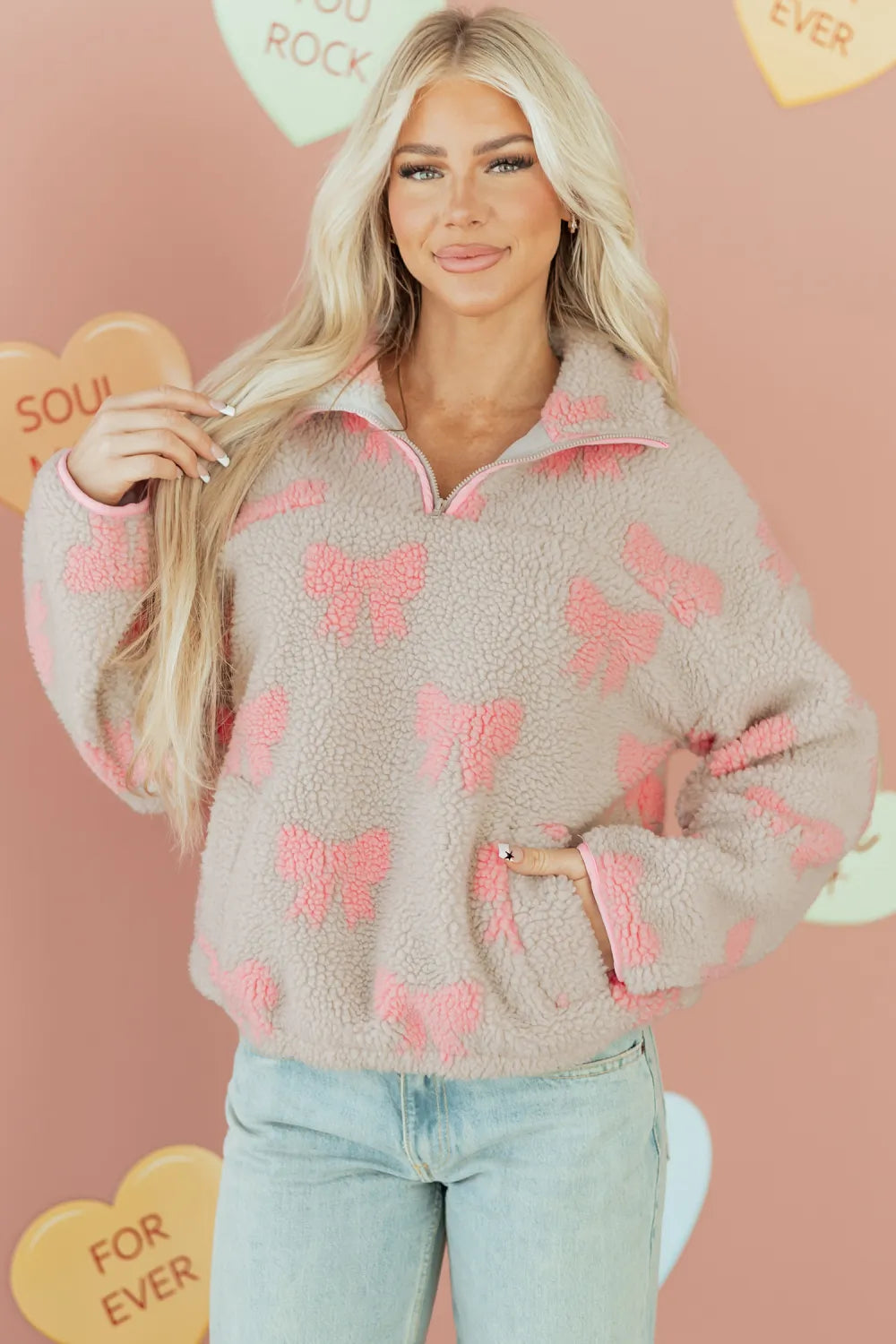 Gray Quarter Zip Pullover w/Pink Bows and Accents