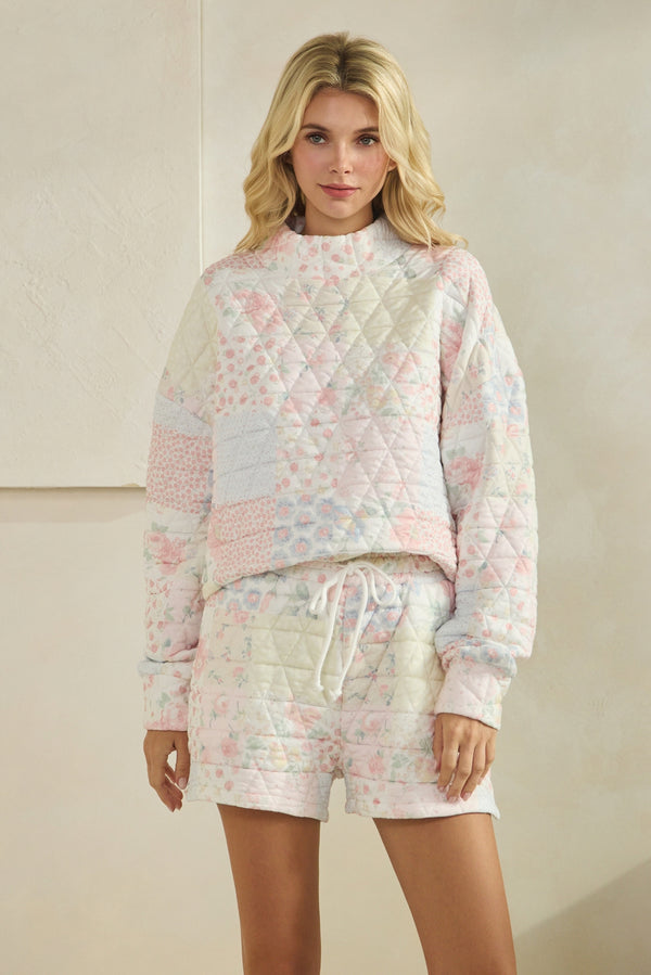 Floral Textured Quilted-Print Lounge Shorts with Pockets