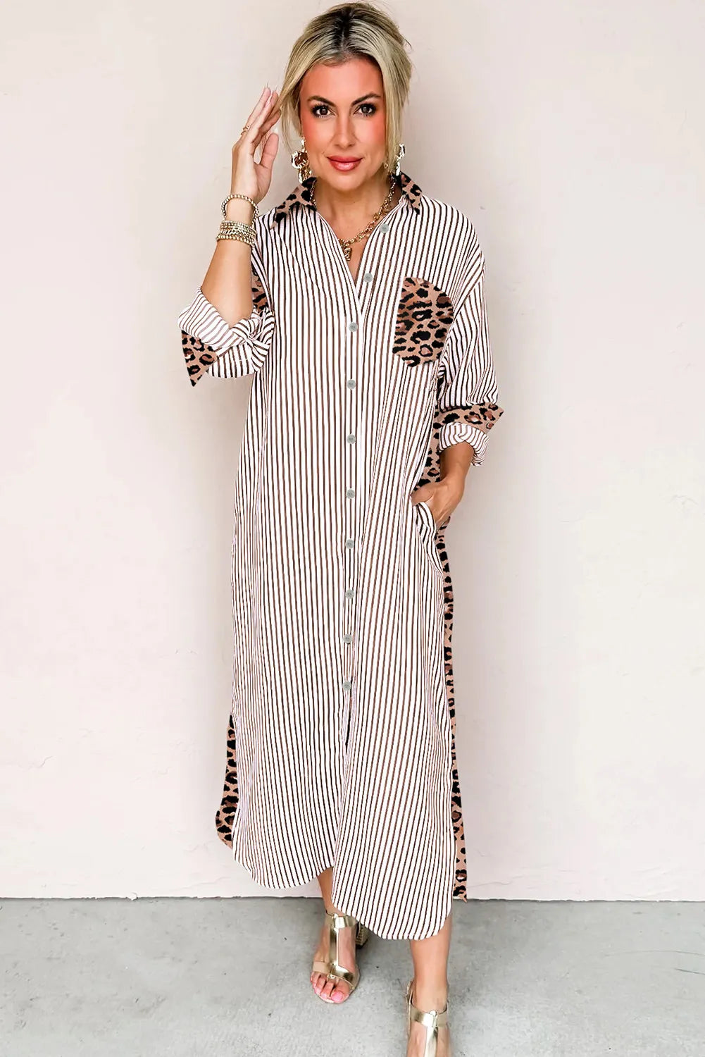 Brown & White Striped and Leopard Print Shirt Dress with Pockets