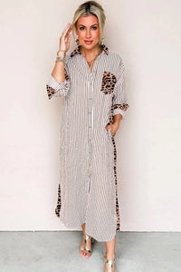 Brown & White Striped and Leopard Print Shirt Dress with Pockets