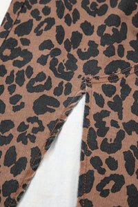 Brown Leopard Frayed-Bottom Denim Skirt with Slit