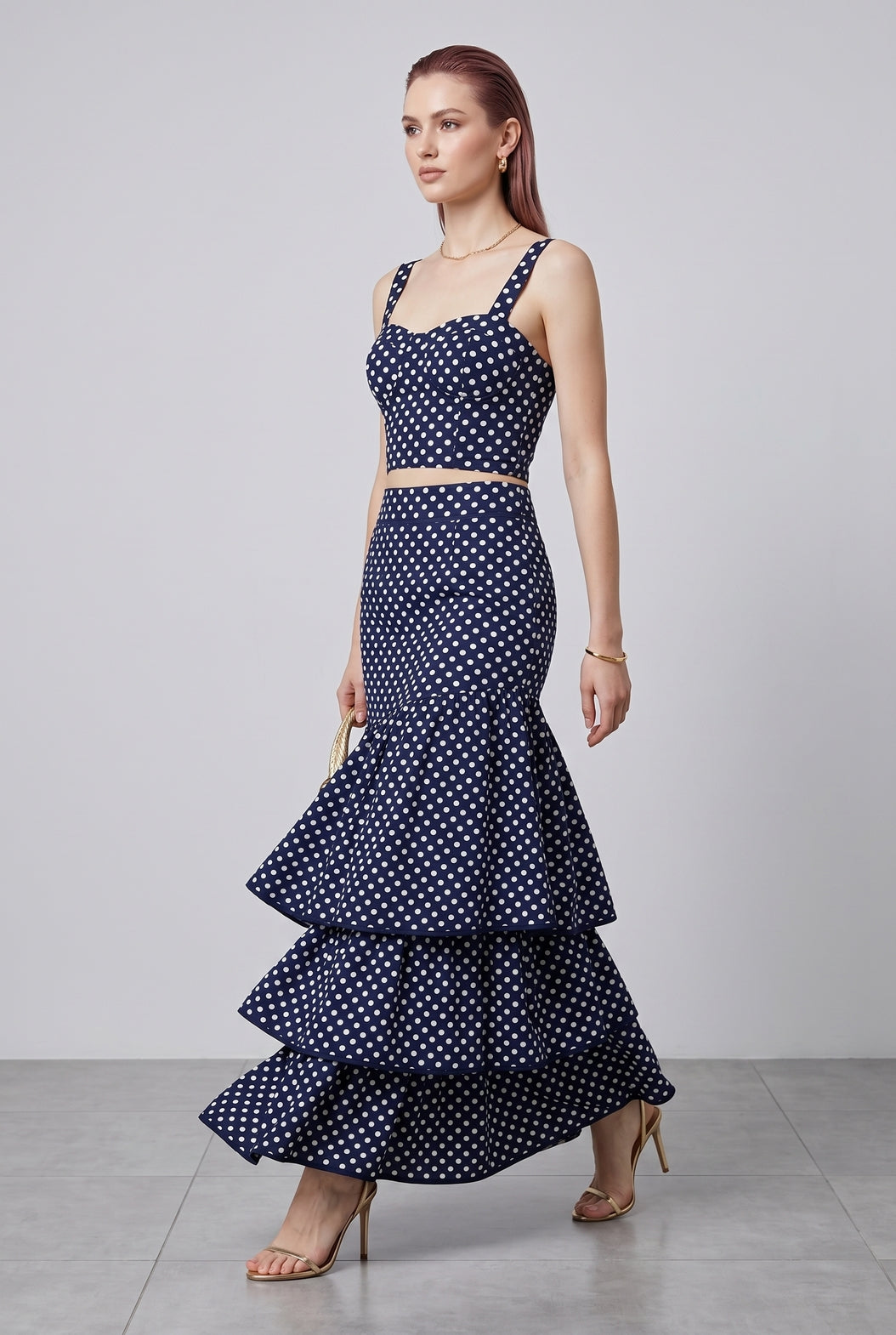 Polka Dot (100% Cotton) Cascading Tiered Maxi Skirt - Navy