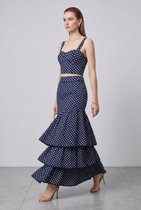 Polka Dot (100% Cotton) Cascading Tiered Maxi Skirt - Navy
