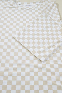 Khaki & White 2pc Checkered Print Half Sleeve Loungewear with Pockets