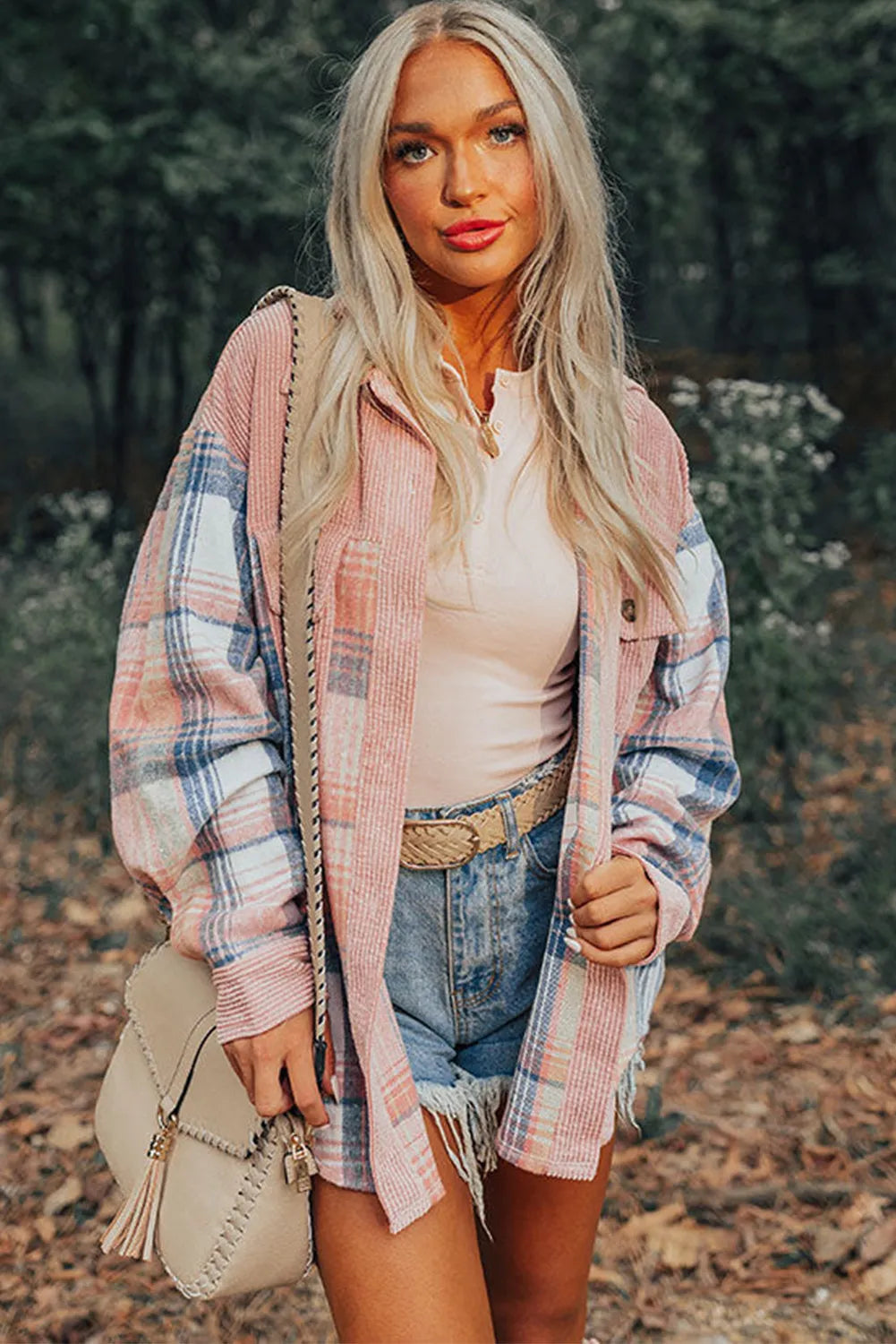 Light Pink Corduroy and Soft Plaid Shacket with Pockets