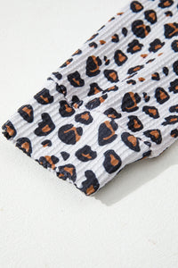 Pink, Leopard-Patched Ribbed Button-Up Long Sleeve Top with Pocket